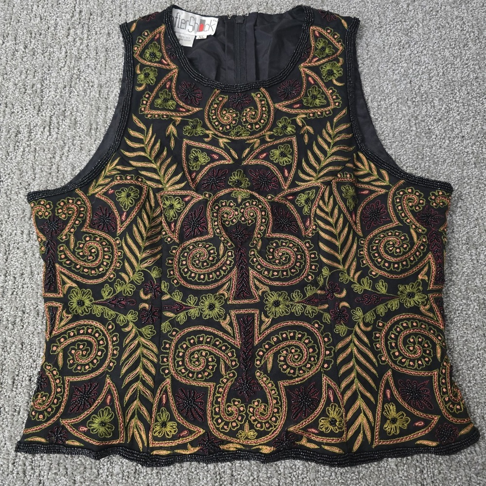 Vintage 90s AfterShock Silk Top XL  Embroidered Beaded Whimsigoth Boho Black